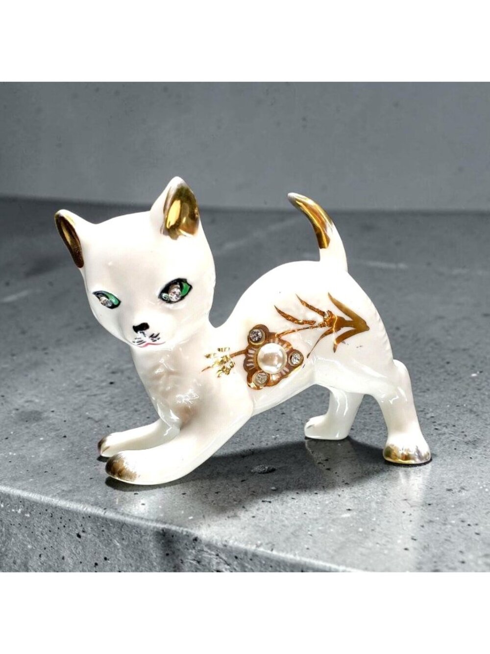 Vintage 1950s Nippon Cat Figurine Jewels Pearl & Rhinestone Accents Yoko BoekI